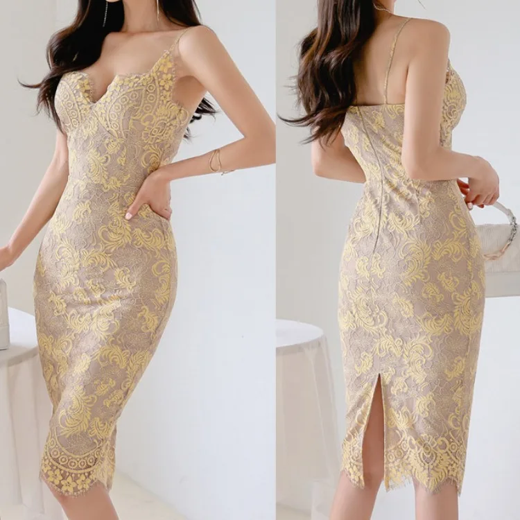 

Women Summer Sexy Spaghetti Strap Fairy Yellow Dress Korean Style Temperament Slim Dress New Woman Mid-length Lace Fashion Dress