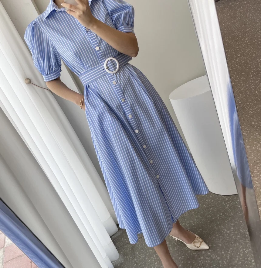 

Casual Lapel Women Striped Dress Short Sleeve Single-breasted Belted Female A-line Dress Ladies Summer Vestidos