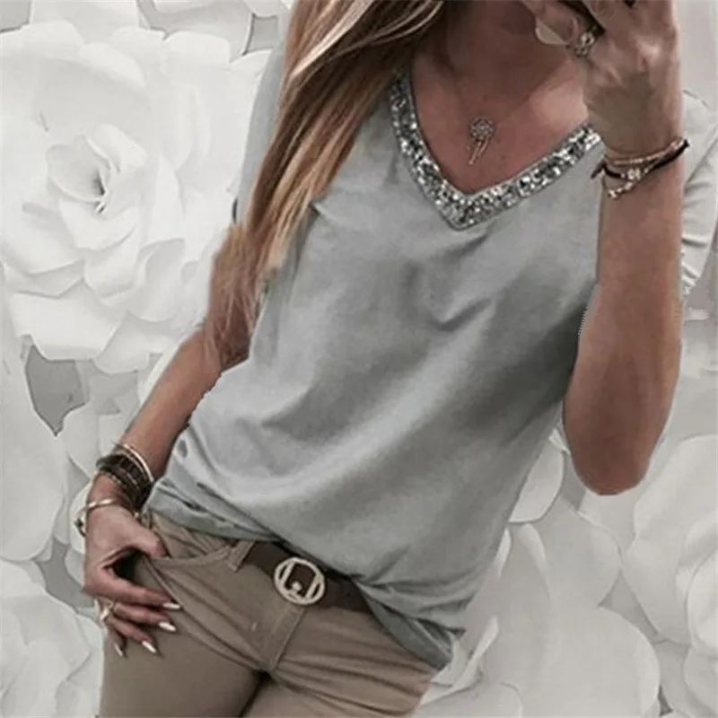 

Casual Women's Solid Color Stitching V Neck Sequins Short-Sleeved T Shirt Big Size S-5XL Summer New Loose Stitching T Shirt Top