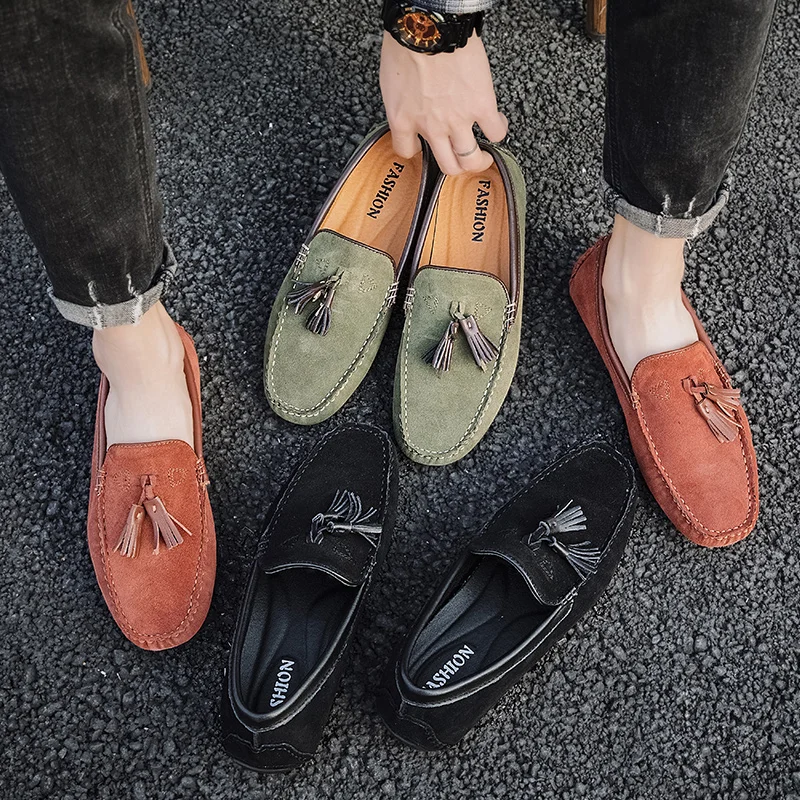 

Tassel Suede Mocasine Shoes Loafers Men Slip On Lightweight 3 Colors Italian Genuine Leather Driving Shoes Men Makasyny Mskie