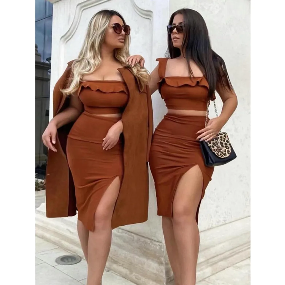 Women Summer Clothing Set 2021 Sexy Brown Ruffles Two Pieces Bandage Set Party High Street Celebrity Top Skirts
