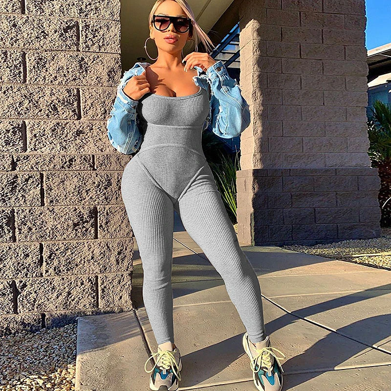 Женский трикотажный Облегающий комбинезон в рубчик без рукавов с открытой