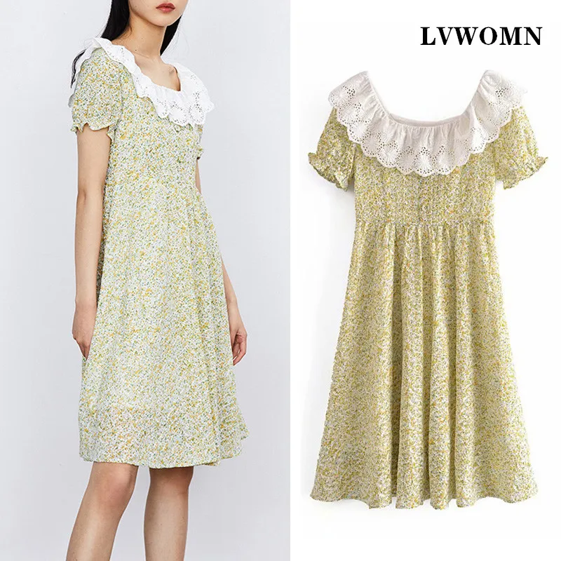 

LVWOMN Za Dress Summer 2021 Chiffon Embroidery Print Midi Dress Woman Elegant Square Collar Short Sleeve Vintage Casual Dresses