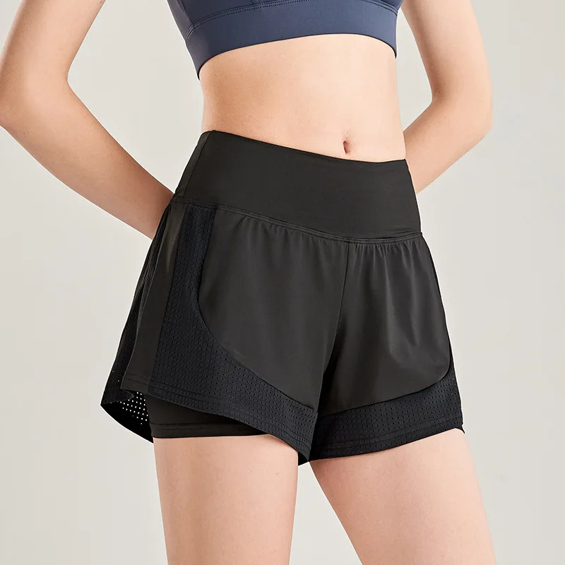 2021 New Net Yarn 2-in-1 Women's Running Shorts High Waist Breathable Loose Marathon Sports Fitness Gym with Long Lining | Спорт и