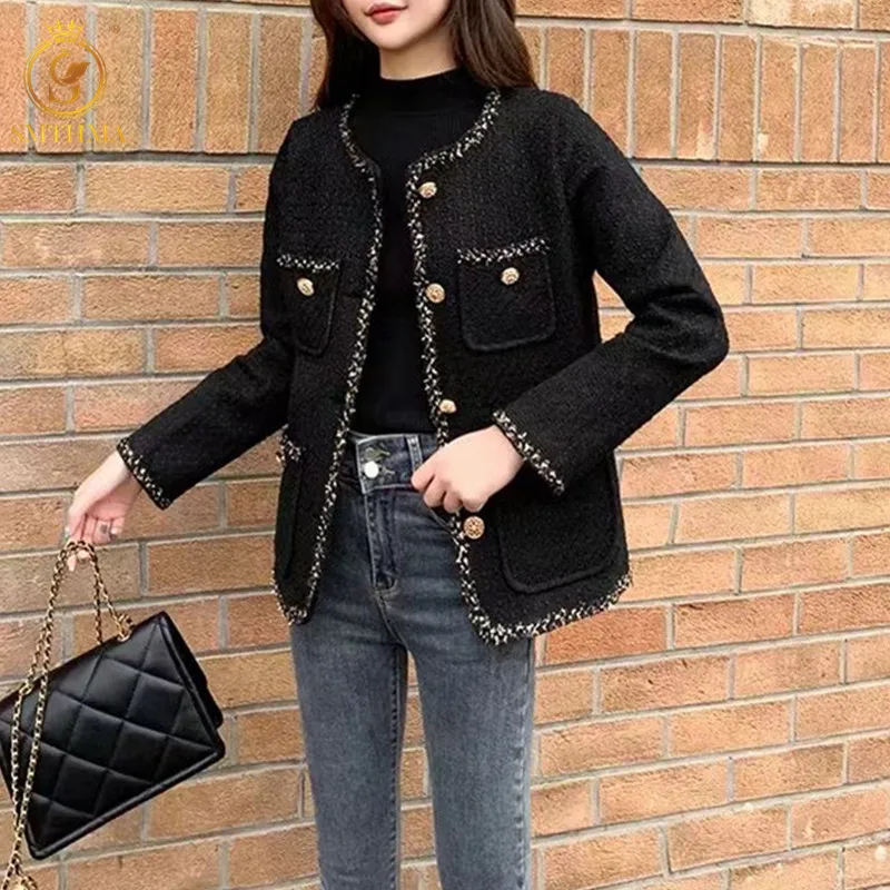 

SMTHMA Vintaget O-Neck Women Black Tweed Jacket 2021 New Autumn Winter Single-Breasted Female Coat Jackets Ladies Outwear Tops