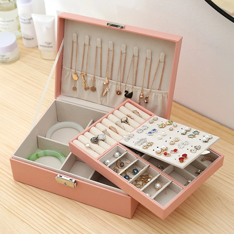 

Protable Travel PU Double Layers Jewelry Box Display Organizer Earrings Rings Necklaces Storage Holder Women Girls Gifts