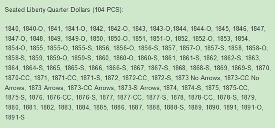 104 шт./партия сидящая свобода четверть долларов (1840-1891) разные даты с разными - Фото №1