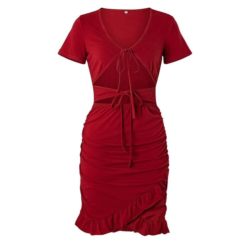 

Summer New V-Neck Nightclub Slim Short Dress Irregular Navel Ruffle Dress Women Sexy Lace-Up Hollow Out Mini Bodycon Dress 2021