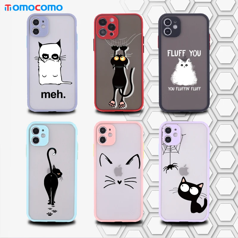 

Cute Anime Black Cat Camera Lens Protection Phone Case For iPhone 11 12 Pro Max Mini XS XR X 7 8P Matte Shockproof Cover Funda