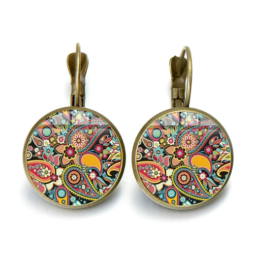

Ancient Retro Indian Paisley Earrings Mandala Flower Unique Art Picture Glass Round Hippies Dangle Earings Fashion Jewelry