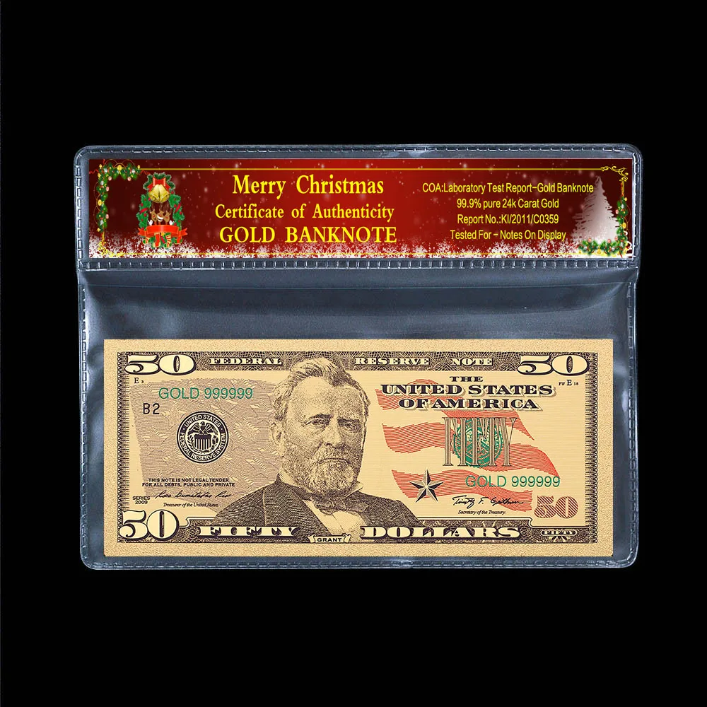 Американская пятидесяти долларов банкнота в 24k позолоченные с пластиковой