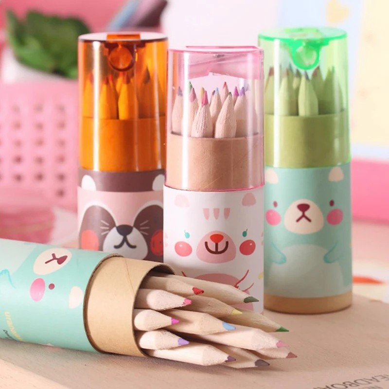 

12 Pcs/lot Cute Bear Colored Pencil With Sharpeners Kawaii Watercolor Pastel