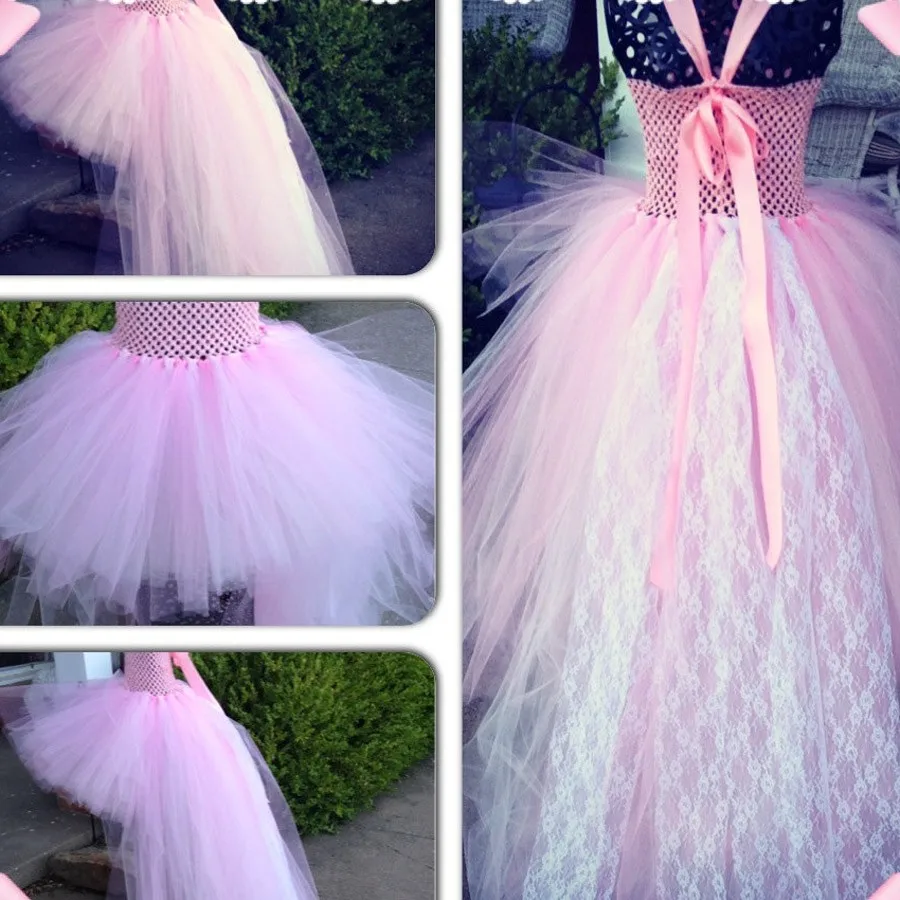 Baby Girls Pink Lace Trailing Tutu Dress Kids Crochet Tulle Flower Evening Ball Gown Children Party Banquet Costume | Детская одежда и