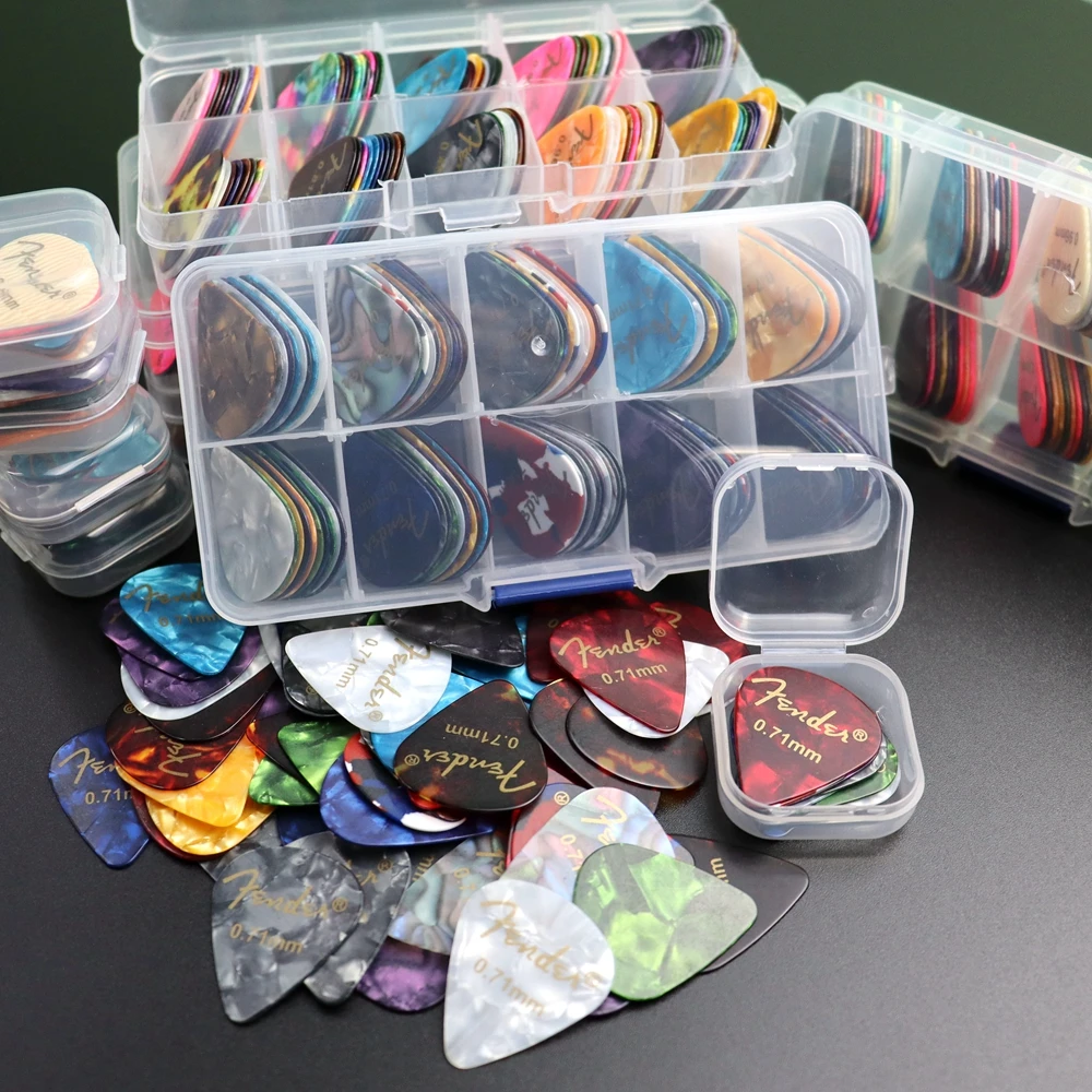 20 50 100 pcs akustische elektrische gitarre picks plektrum celluloid plektren zubehör mit box dicke 046mm 096mm free global shipping