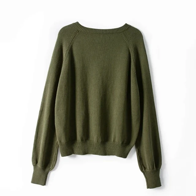 

Early Autumn Women Knitted Sweater Buttons Solid Color or Stripes Long Lantern Sleeve Casual Pullovers