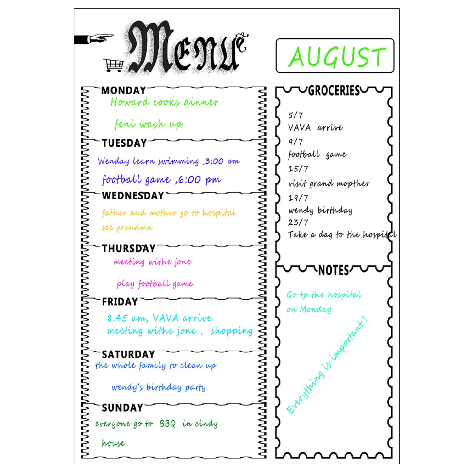Magnetic Menu Board Kitchen Fridge Board with 8 Color Chalk Markers Dry Erase Weekly Planner Grocery Chalkboard for Refrigerator