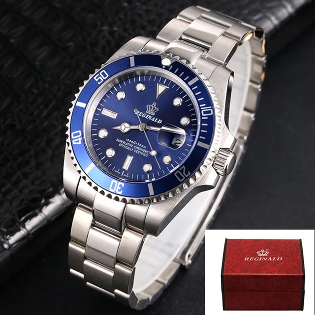 blue with box Мужские часы Топ бренд Реджинальд часы мужские спортивные часы вращающийся ободок GMT сапфировое стекло Дата часы из нержавеющей стали подарки - Цвет: blue with box
