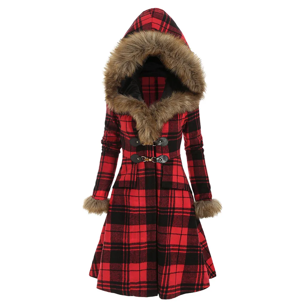 

Winter Wool Women Long Sleeve Casual Thicken Vintage Thicken Hooded Jacket Longline Plaid Woolen Coat Trench Outerwear 2021