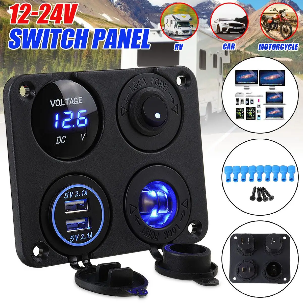 

4 In 1 Car Charger Dual USB Charger 4.2A Voltmeter 12/24V Cigarette Lighter ON-OFF Switch for Boat Marine Truck Camper Vehicles