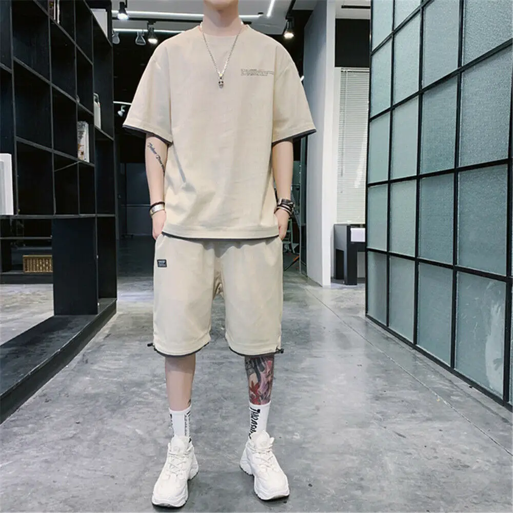Mens Summer Outfit 2-Piece Set Short Sleeve T Shirts and Shorts Sweatsuit 