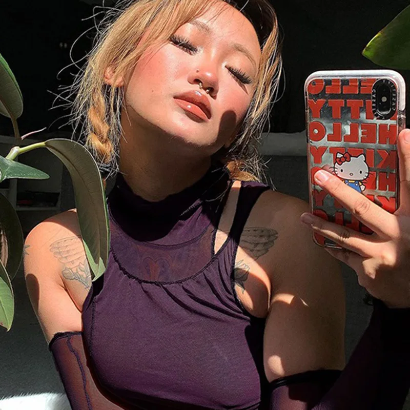 

Sexy Club Mesh See-Through Sleevsless Tank Tee Women Fashion Street Style Off Shoulder Solid Color Crop Top T-Shirt Mujer