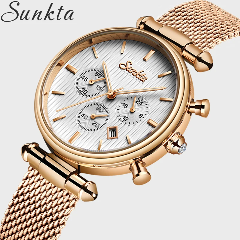 2021 NEW SUNKTA Hot Luxury Watch Women Waterproof Rose Gold Steel Strap Ladies Wrist Watches Brand Date Clock Relogio Feminino | Наручные