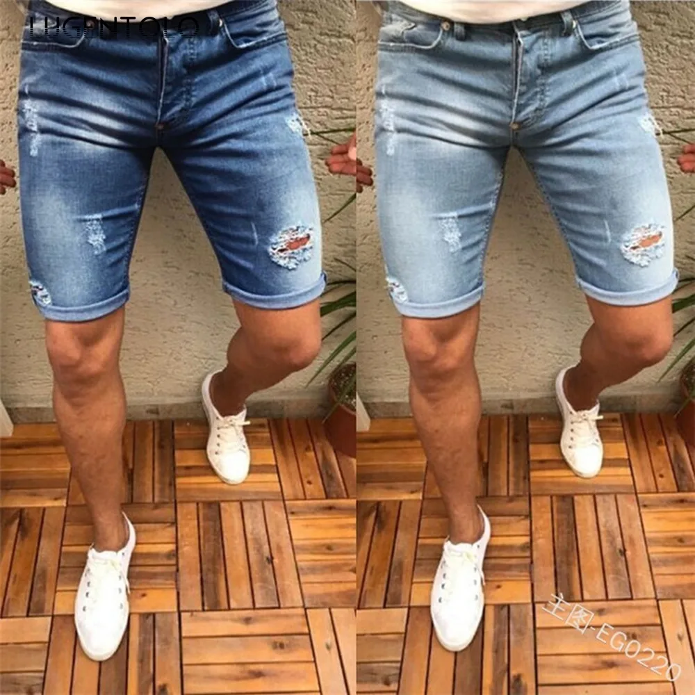

Lugentolo Jeans Shorts Men Elastic Hole Straight Curling Leisure Mid Waist Washed Plus Size Summer New Fashion Knee Length Jeans