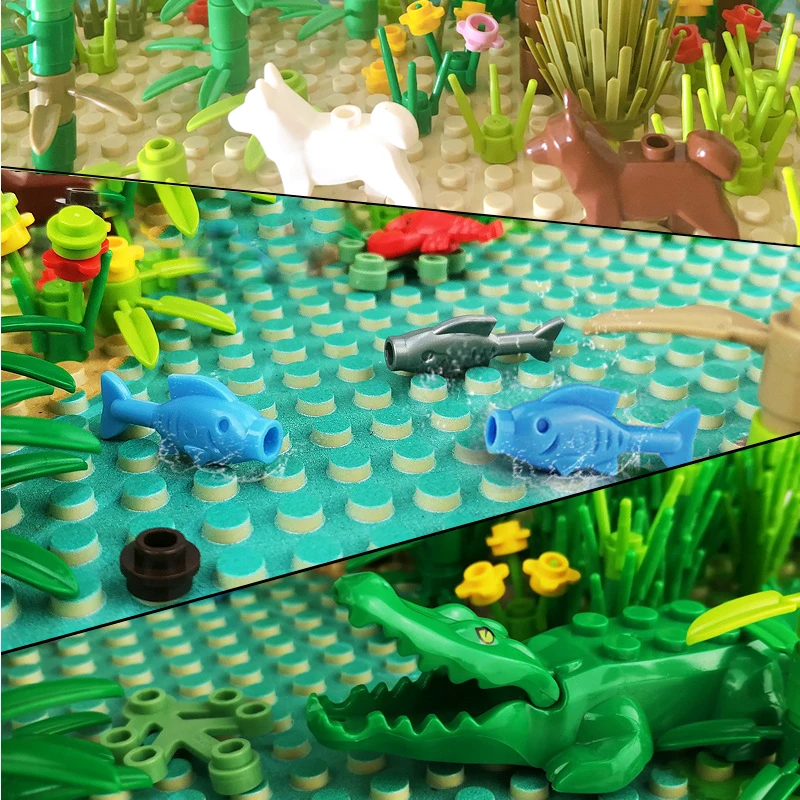 Rainforest Baseplate Parts Animal Green Grass Jungle Bush Flower Tree Plants Building Blocks DIY MOC Assemble Children Toy Gifts