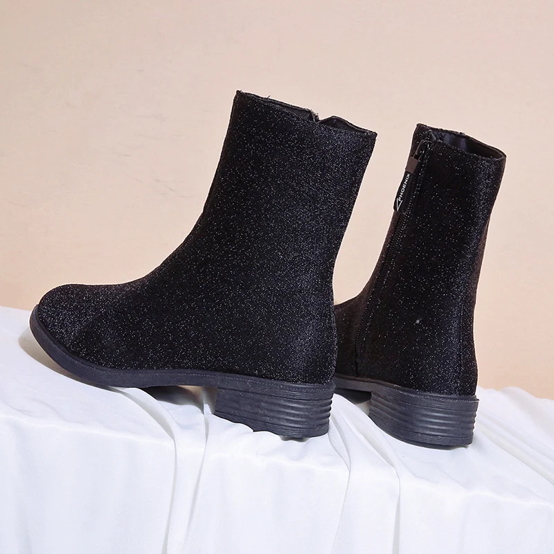 Г.; botas mujer; черные удобные женские сапоги до середины икры на молнии с круглым носком; Цвет черный, серебристый; зимние сапоги из флока наивысшего качества; botines mujer