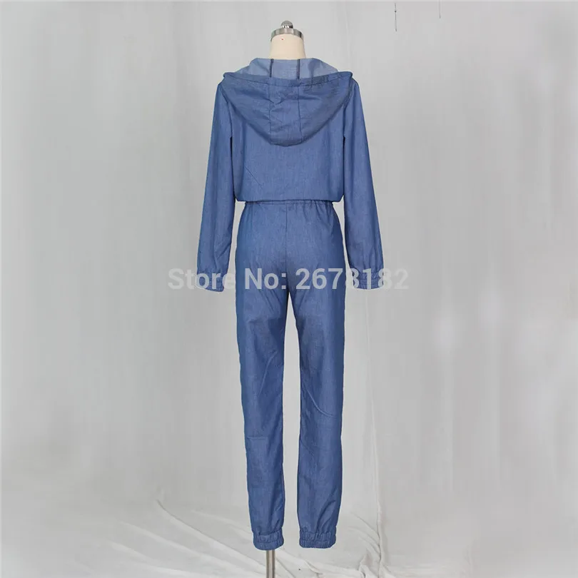 Женский джинсовый комбинезон с капюшоном на молнии завязками талии длинным