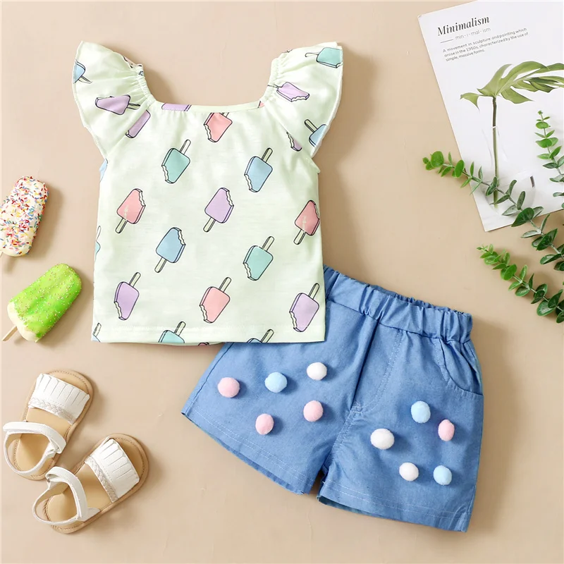 

Милый Летний комплект одежды для маленьких девочек, Повседневный пуловер с рукавами-мушками и принтом фруктового льда + однотонные шорты с ...