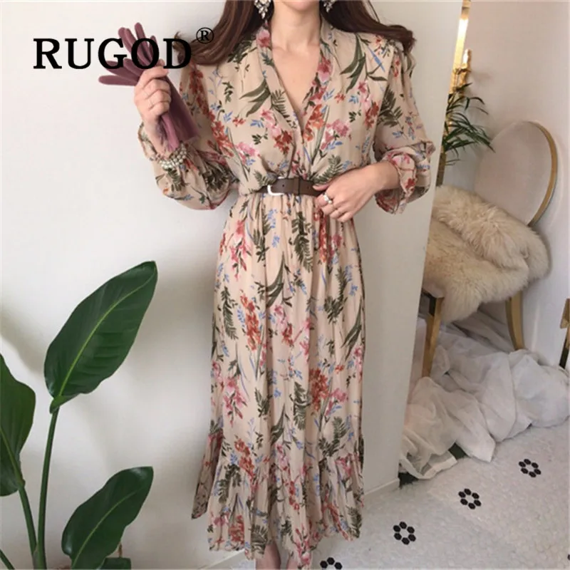 RUGOD Spring Boho Chic Retro Chiffon Korean Floral Maxi Dress Women Elegant Sweet Tops Casual Ladies Dresses Woman Party Night | Женская