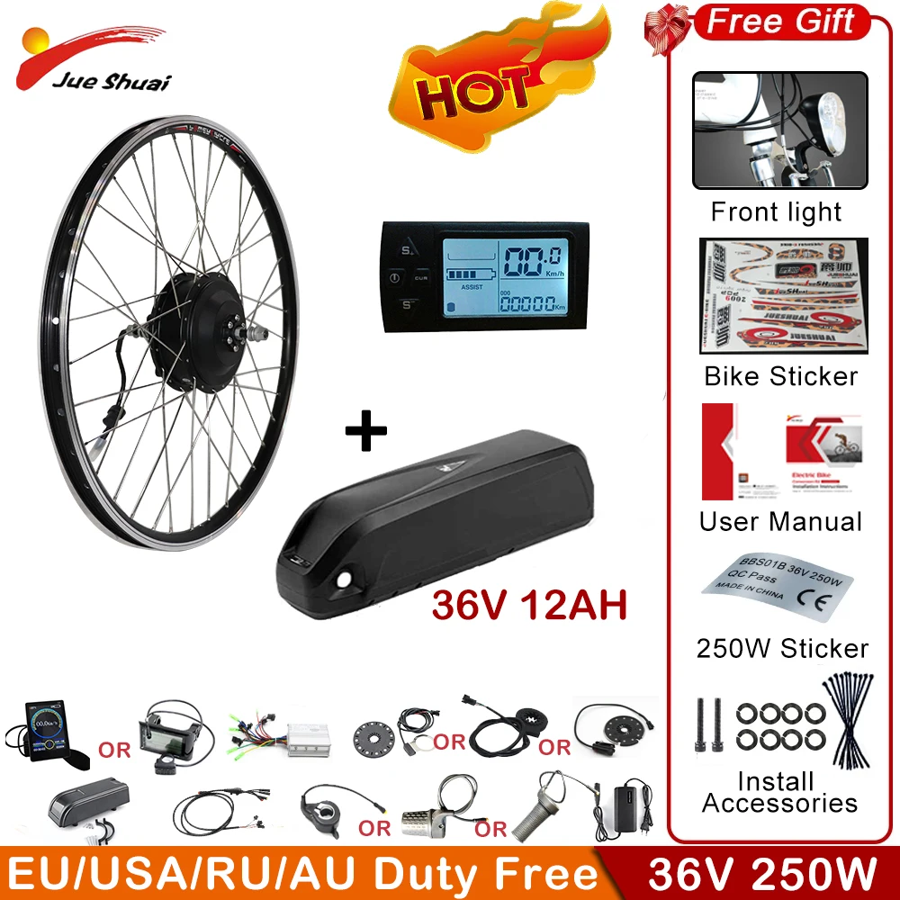 Verkaufen 36V 250W Duty Freies Ebike Conversion Kit Mit 12ah Lithium-Batterie Vorne/Hinten Hub Motor 20 Zoll Rad DIY Elektrische Fahrrad Teile