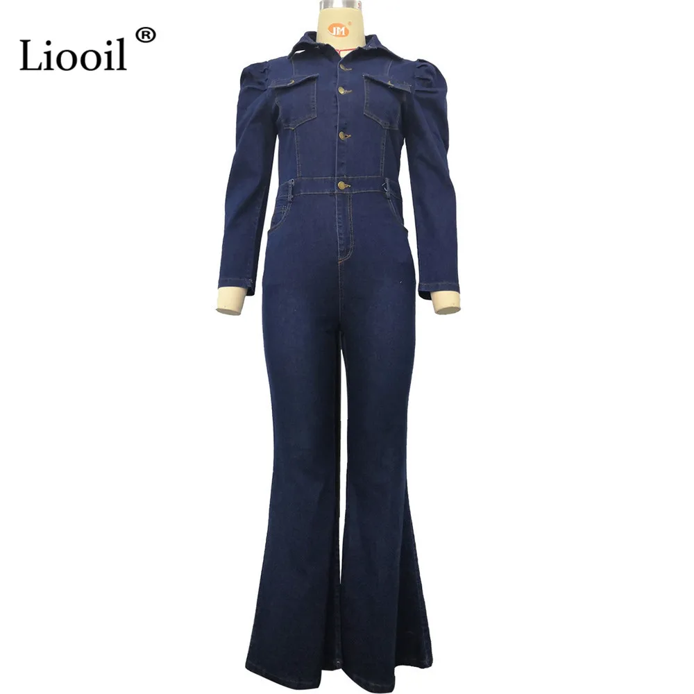 

Liooil Sexy Denim Tight Flare Jumpsuits For Women 2021 Long Sleeve Button Up Blue Rompers Bodycon Jumpsuit Bell Bottoms Pants
