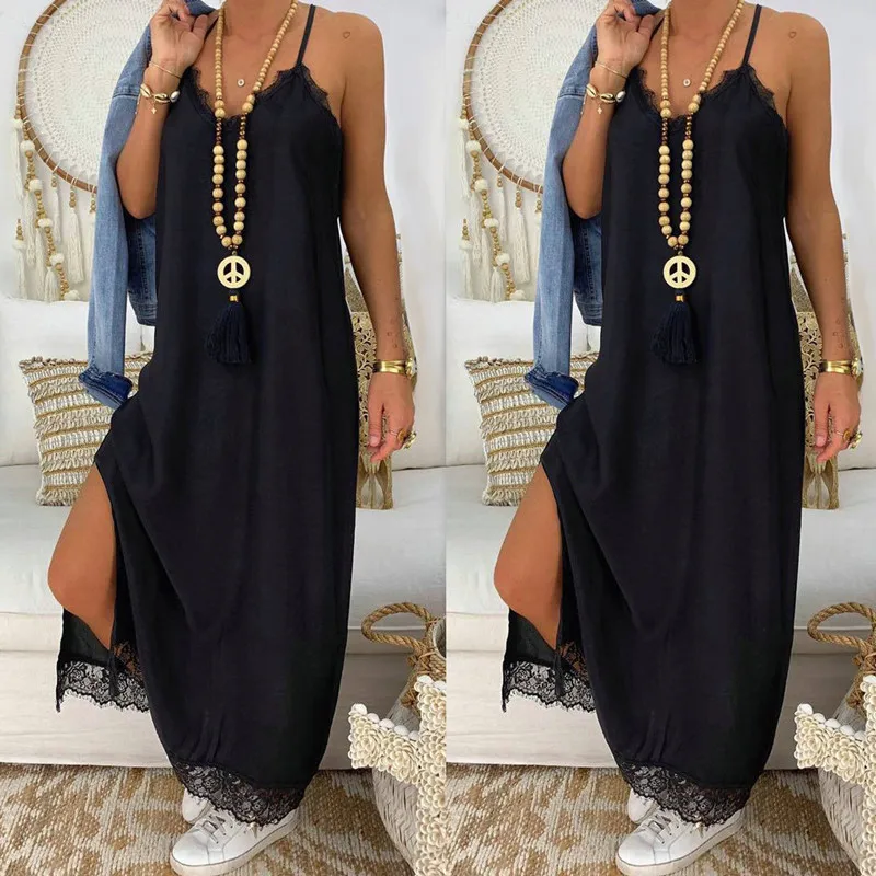 

Sexy V Neck Spaghetti Strap Lace Maxi Long Dress with Side Slit 2020 Summer Ankle-Length Elegant Party Dress Vestidos De Fiesta