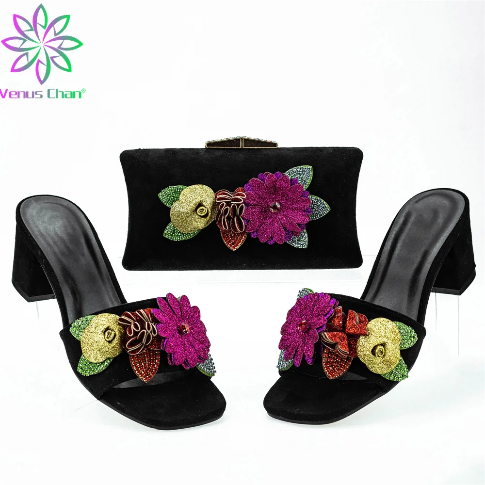 

Black African Style Lady's Slippers Women's Shoes Decorated with Rhinestones Med Heels Shoes for Women Ladies Shoes for Party