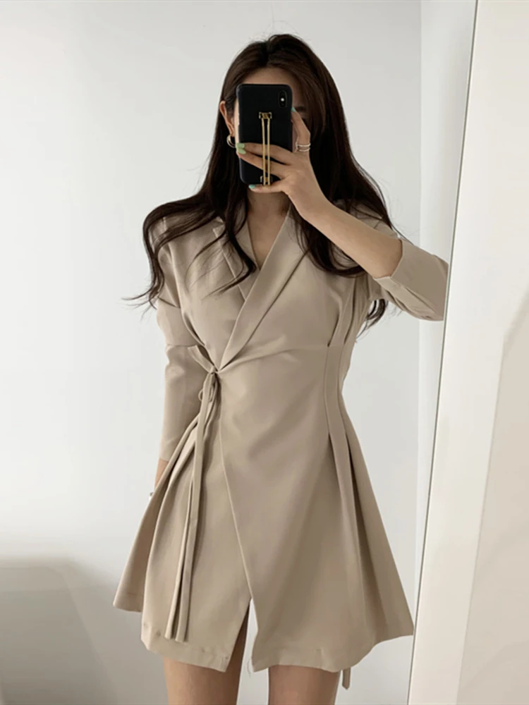 Colorfaith Новинка женские платья весна лето модные однотонные элегантные офисные женские мини платья с v-образным вырезом на шнуровке с бантом DR7077