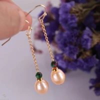 natural pink baroque pearl emerald bead earring 18k ear drop dangle cultured classic fashion gift