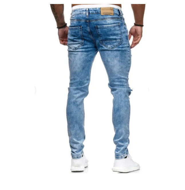 

New fried bleached elastic small leg jeans for men
