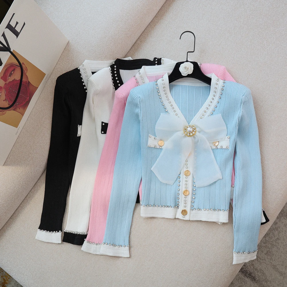 

High Quality Women Spring Autumn Winter Elegant Slim Sweet Cute Bow Knot Diamond Beaded Knitted Cardigan Sweater Jacket Coat