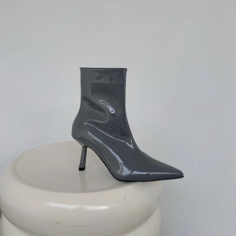 

2021 Autumn Winter New High Heels Gray Single Boot Pointed Short Boots Zipper Patent Leather Women's Boots Stiletto Short Boots