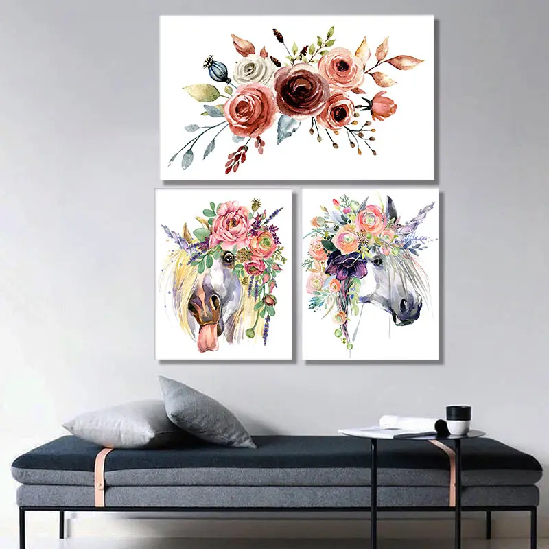 Винтажный стиль цветочный рисунок холст постер лошадь с цветком хижина