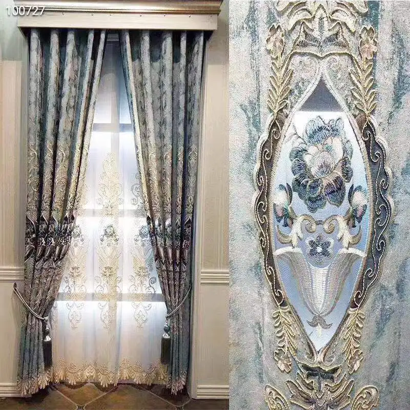 

Blue Chenille Hollow Floral Gauze Curtain Luxury Thick Blackout Curtains for Bedroom Water Soluble Embroidery Lace Draperies