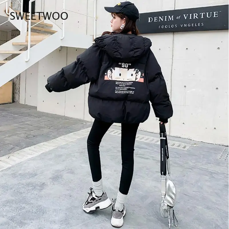 Winter Jacket Women Casual Outwear Harajuku Youthful Childhood Anime Printing Boyfriend Loose Warm Bread Coat Cotton Parka