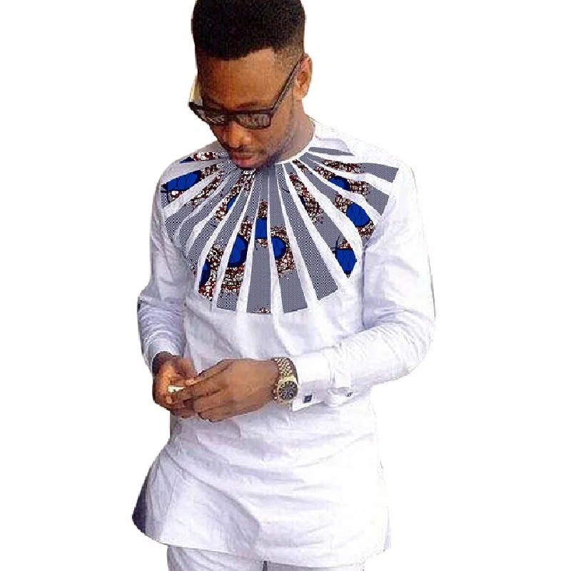 African clothing men's shirt O-neck Ankara white with print tops patchwork customized wear male dashiki for wedding | Мужская одежда