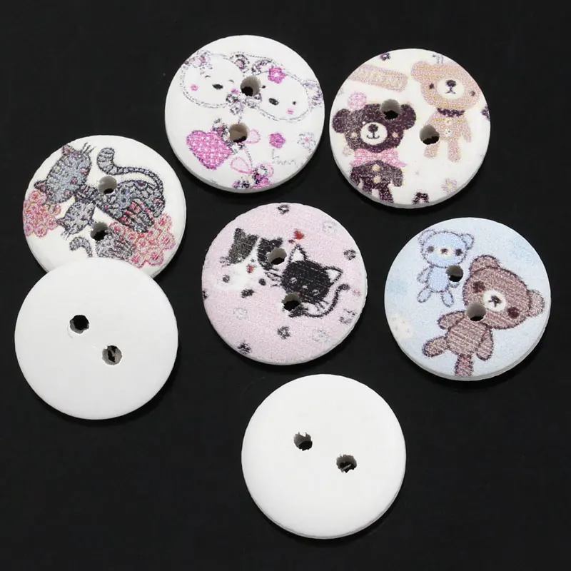 100 шт Мультяшные деревянные пуговицы 2 отверстия животный узор Круглый смешанный