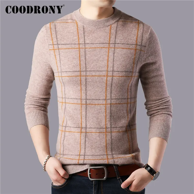 Бренд COODRONY свитер из 100% мериносовой шерсти мужской модный клетчатый зимний