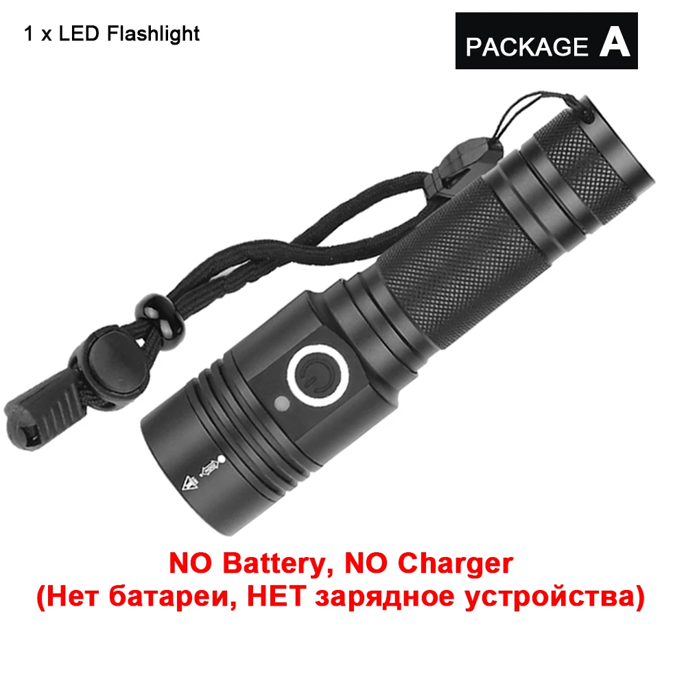 Package A Супер яркий XHP50 светодиодный фонарик самый мощный фонарик с зумом охотничья вспышка light18650 водонепроницаемый USB перезаряжаемый светодиодный фонарь - Испускаемый цвет: Package A