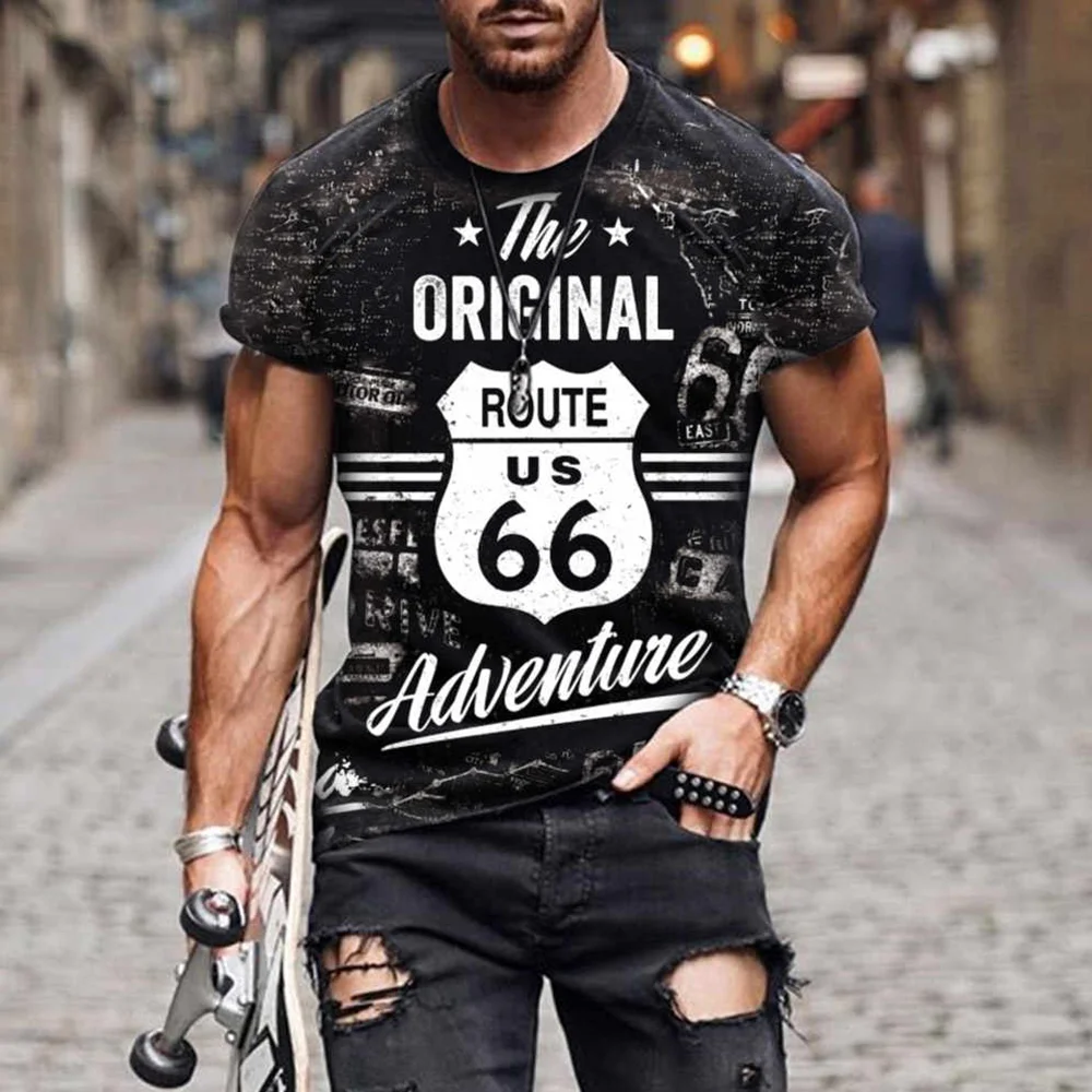 

Summer New Mens 3D T Shirts Oversized Loose Clothes Vintage Short Sleeve Fashion 66 Letters Printed O Collared Tshirts For Men