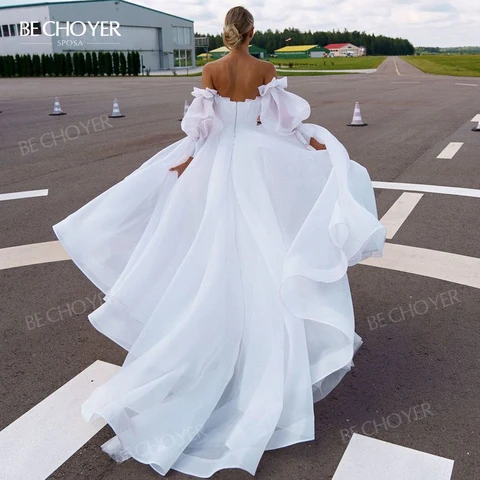 Wedding Dress Fairy 2 In 1 Sleeve Bride Gown Boho 2023 New Tulle A-Line Party Princess BECHOYER NR131 Plus Size Vestido De Noiva